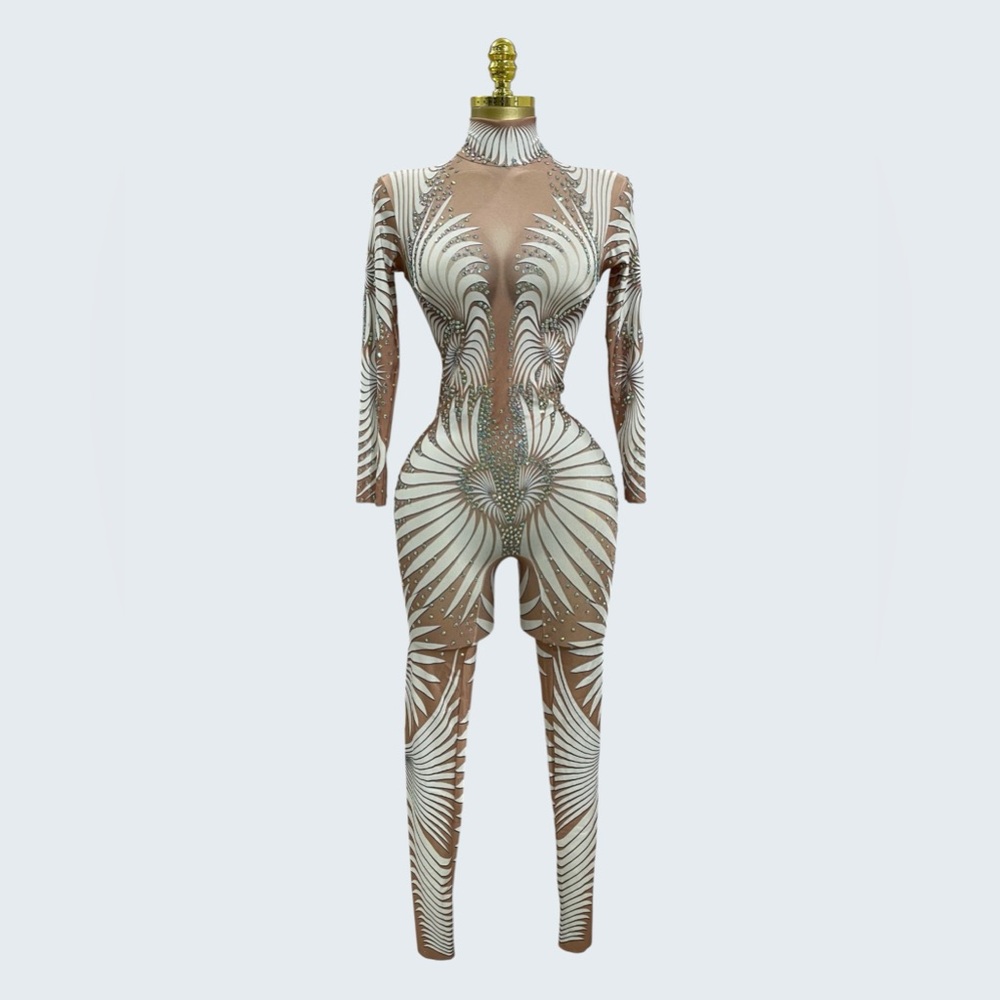 Festival Season Sheer Nude White Patterned Rhinestone Embellished Jumpsuit